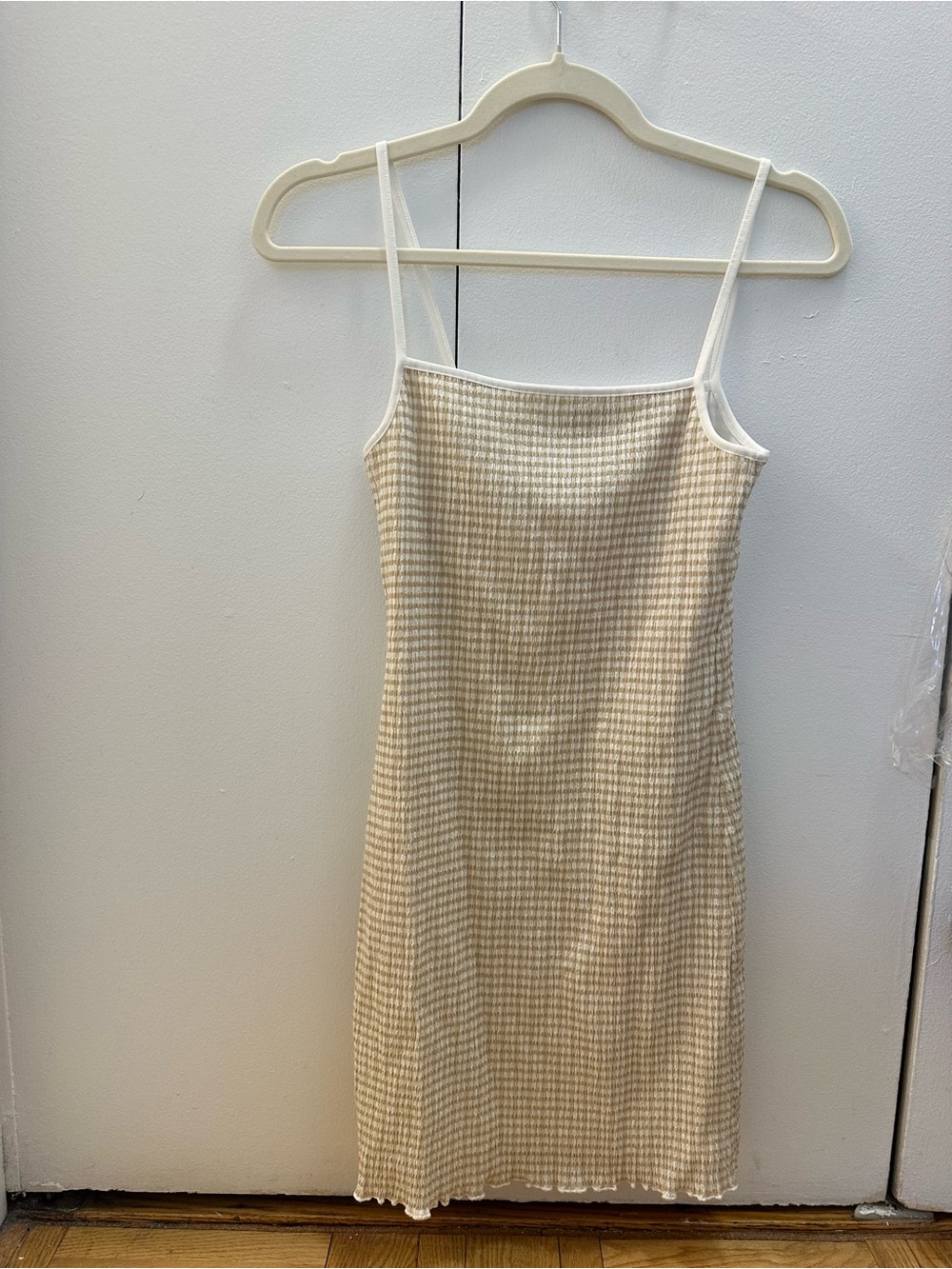 Aritzia Wilfred Beige/White Gingham Slip Dress with Spaghetti Straps